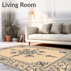 Cream Blue Detailed Floral Border Rug