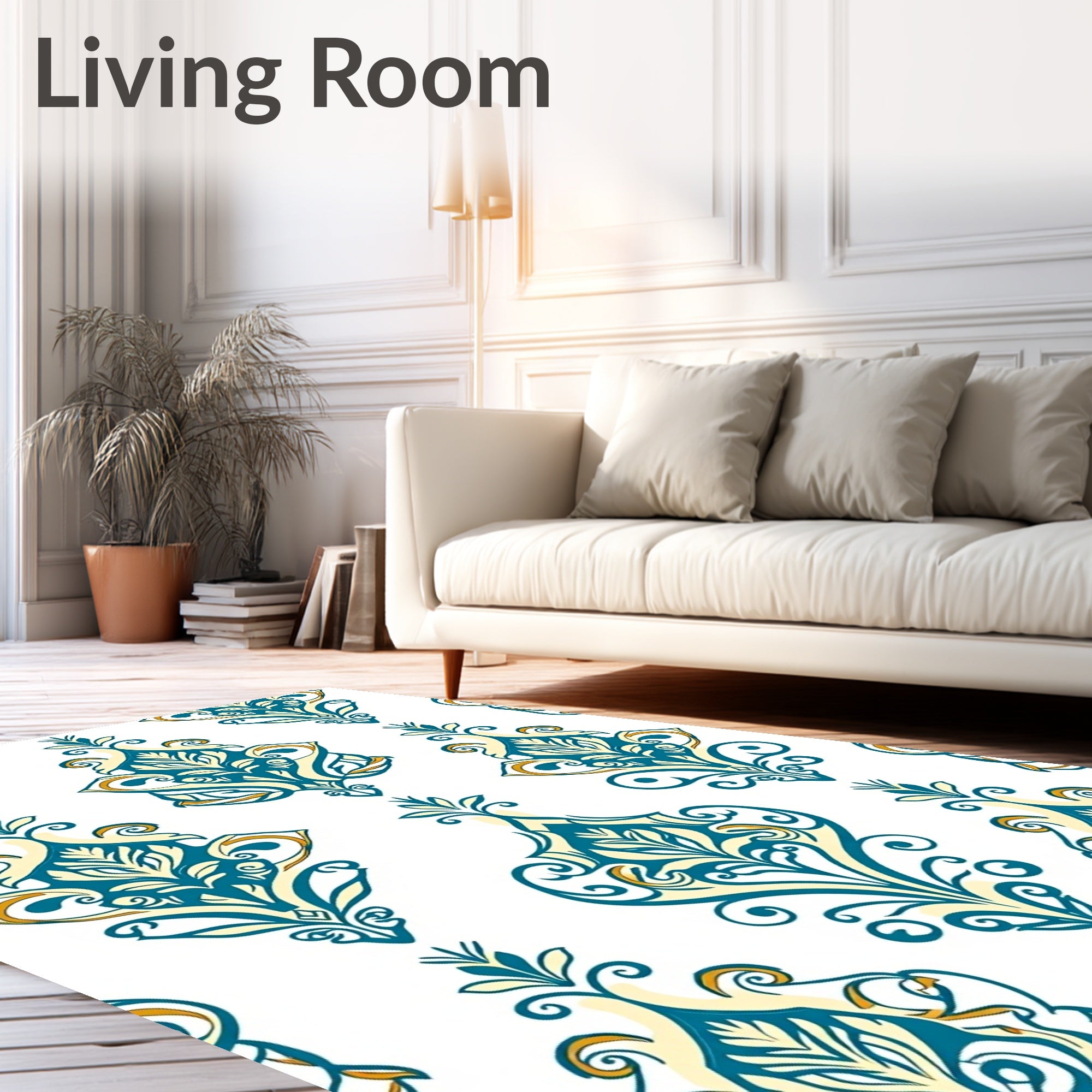 Elegant Teal Gold Damask Pattern Rug
