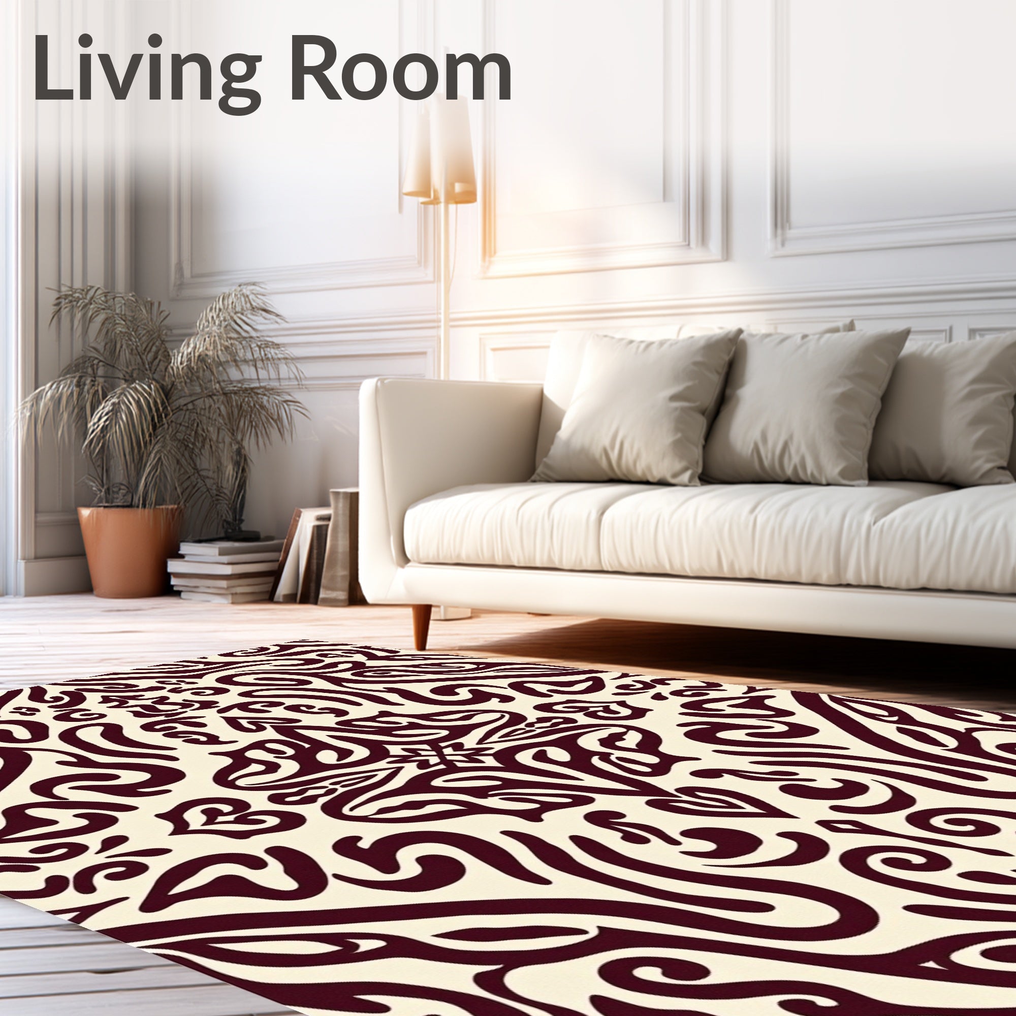Ornate Burgundy Cream Damask Design Rug
