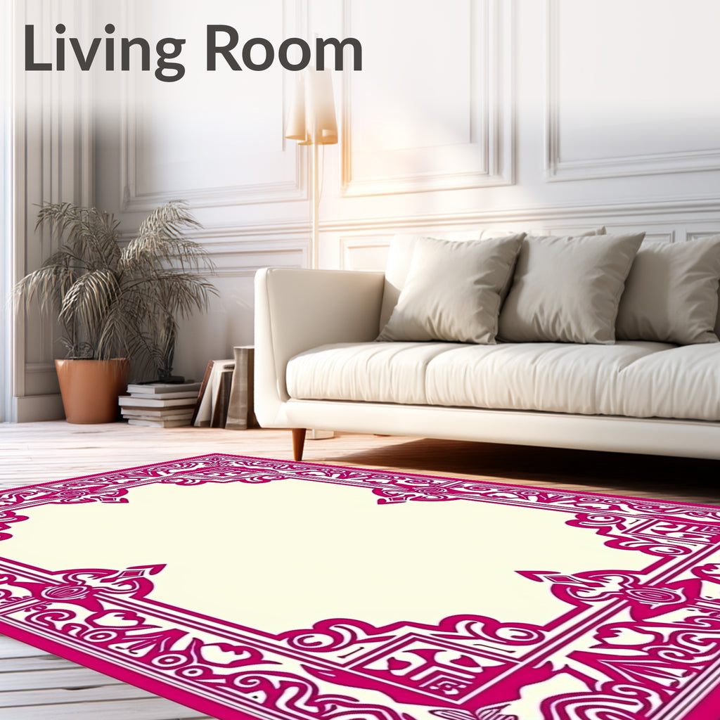 Ornate Pink Floral Border Design Rug