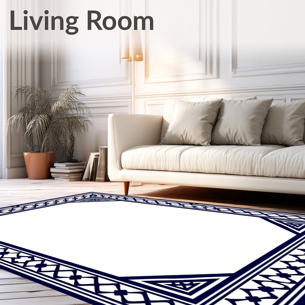 Classic Blue Geometric Border Pattern Rug