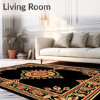Ornate Black Gold Floral Patterned Rug