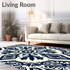 Deep Blue And Cream Intricate Floral Pattern Rug