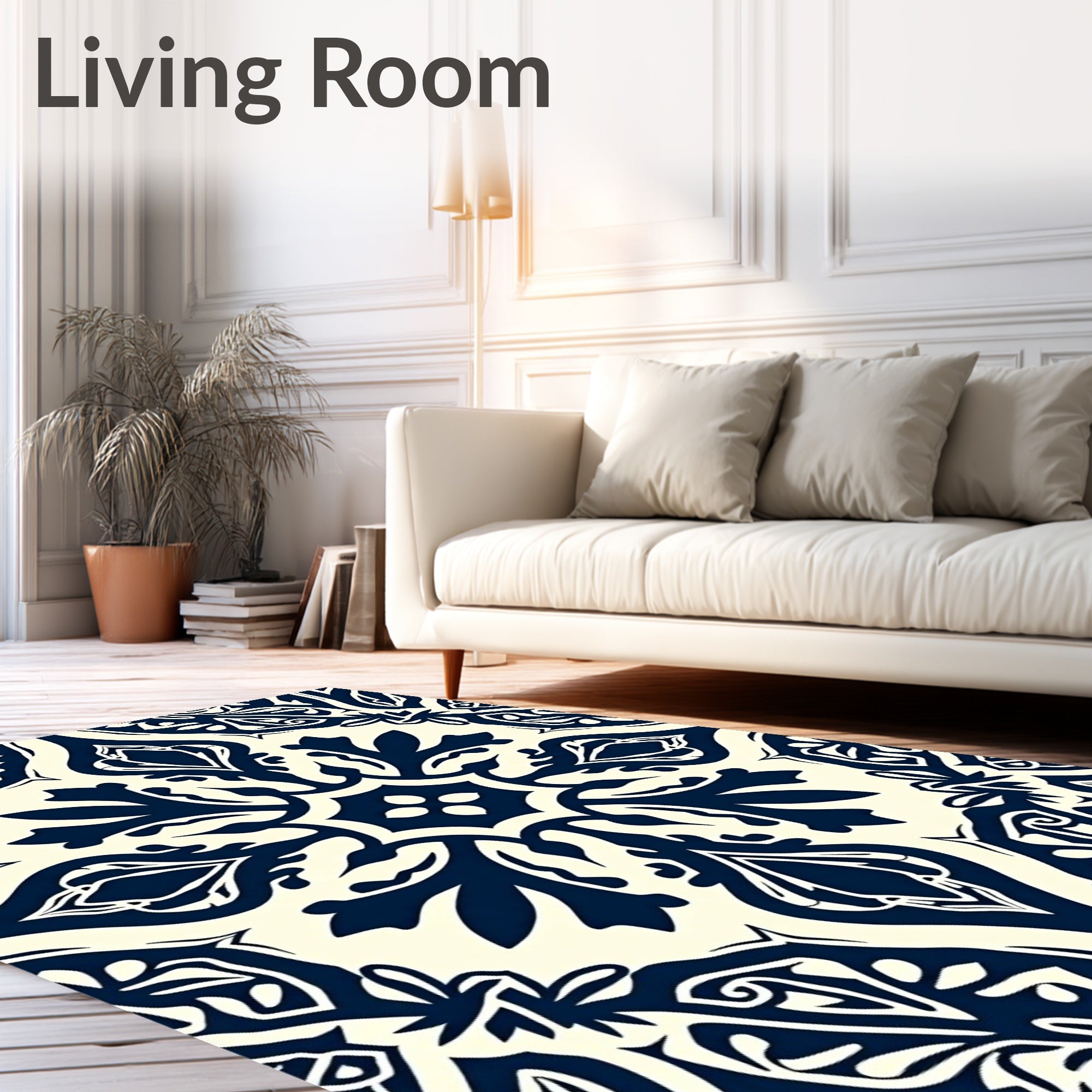 Deep Blue And Cream Intricate Floral Pattern Rug