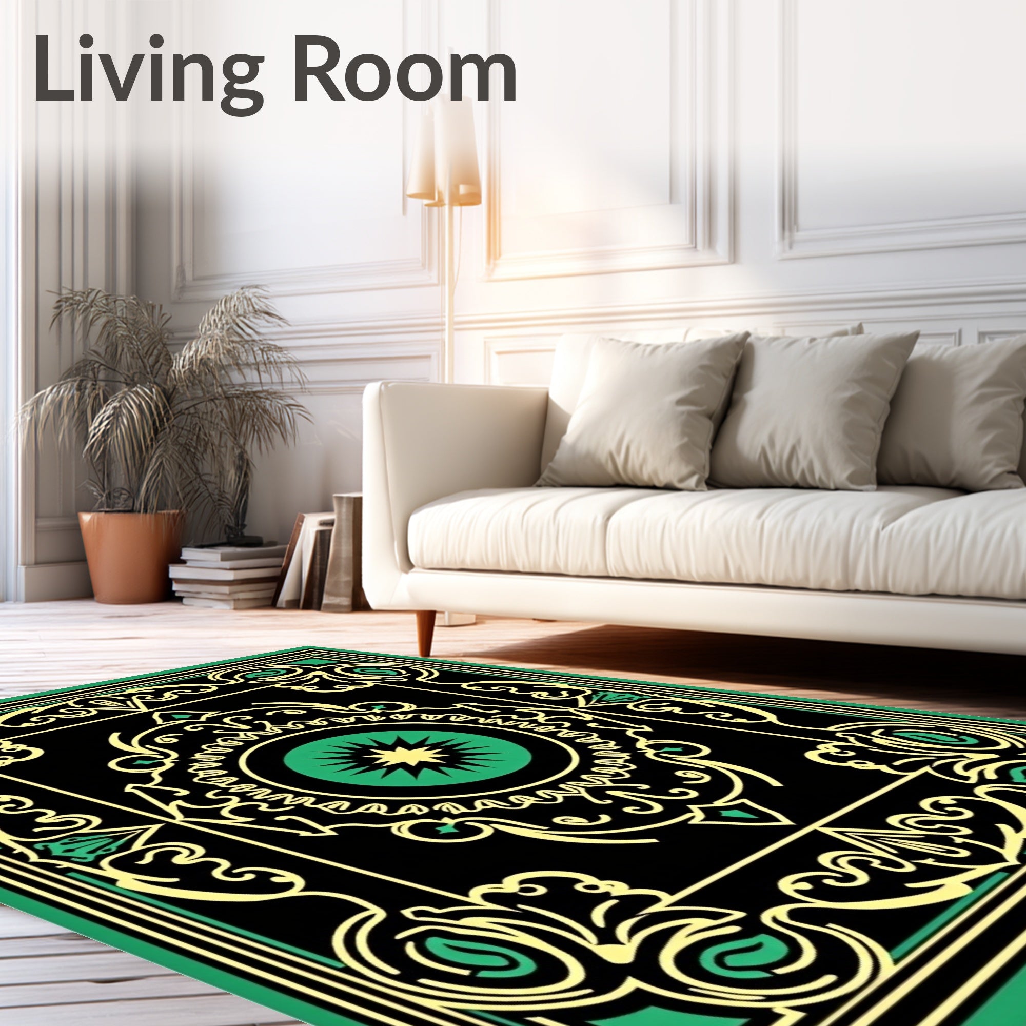 Ornate Black Green Golden Pattern Rug