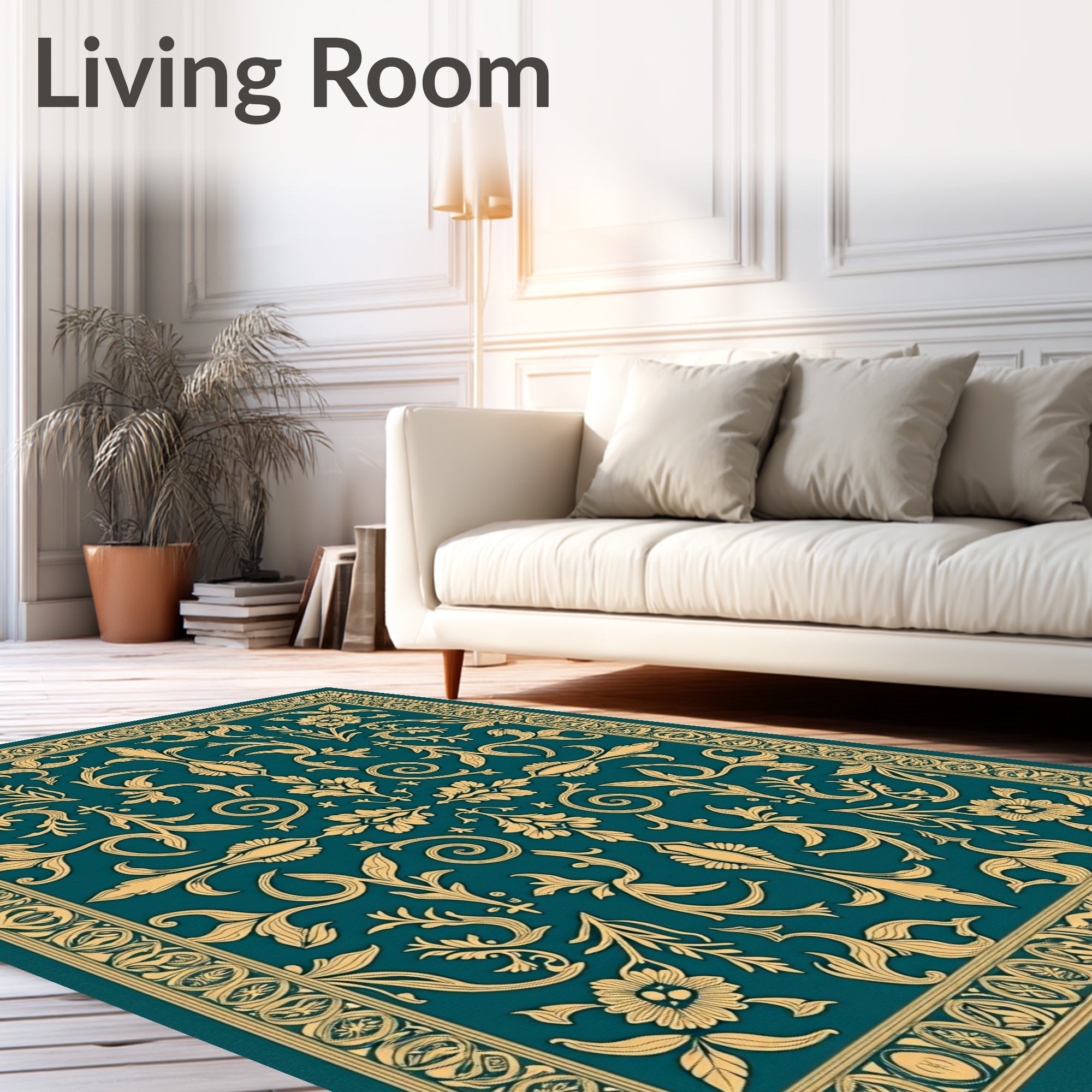 Ornate Gold Teal Damask Pattern Rug