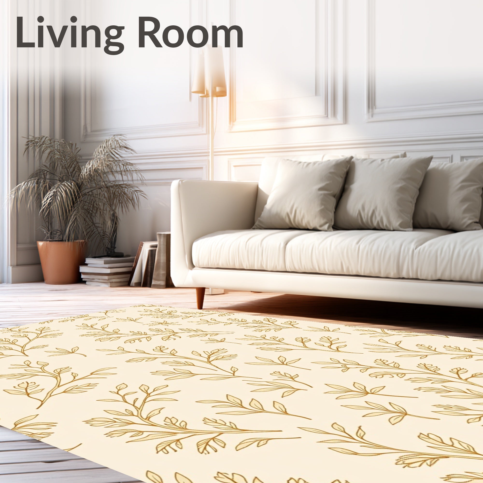 Delicate Floral Branch Patterned Golden Rug