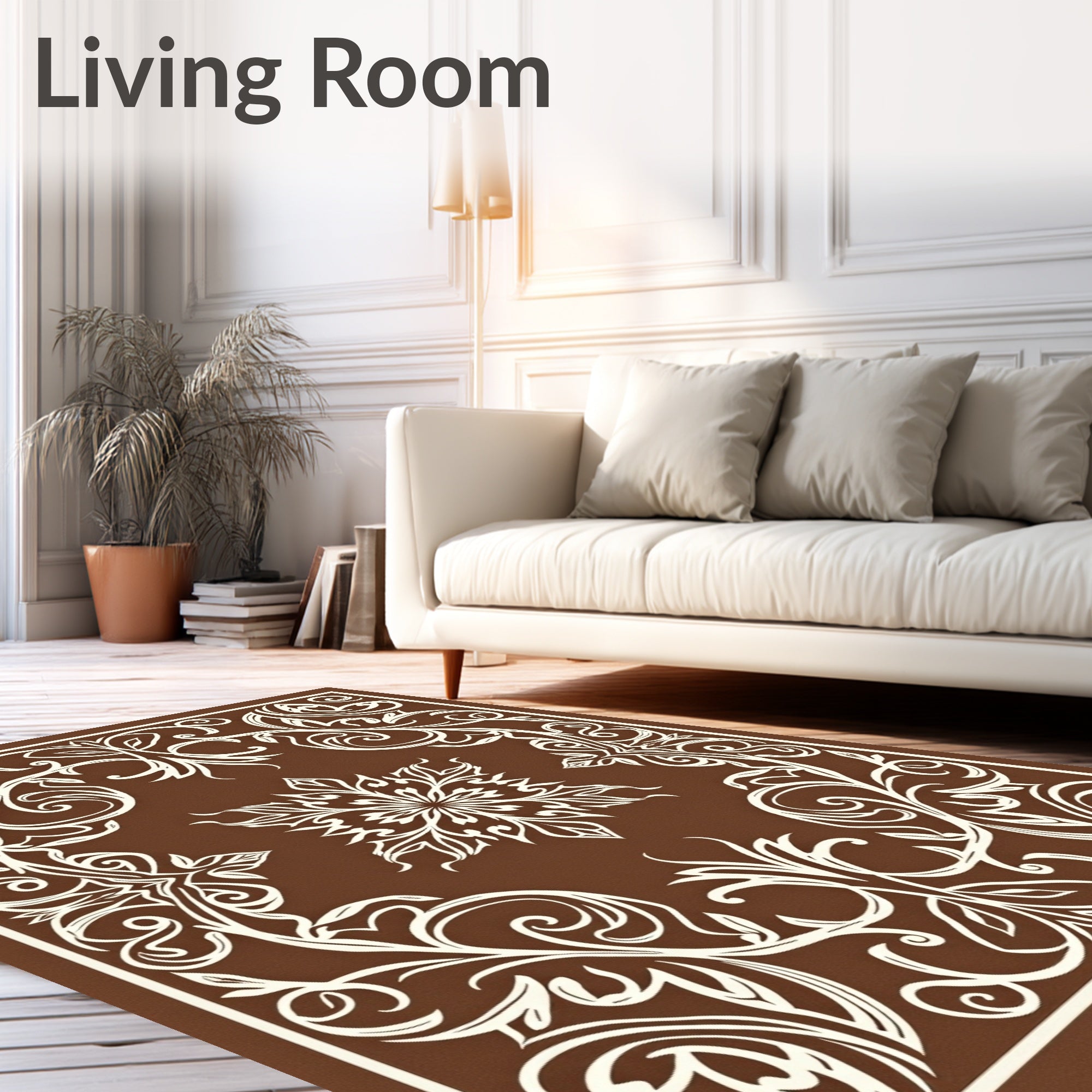 Elegant White Floral Scrollwork Rug