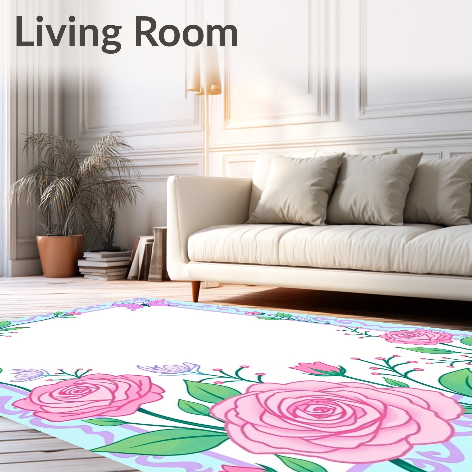 Pink Roses Butterfly Floral Border Rug