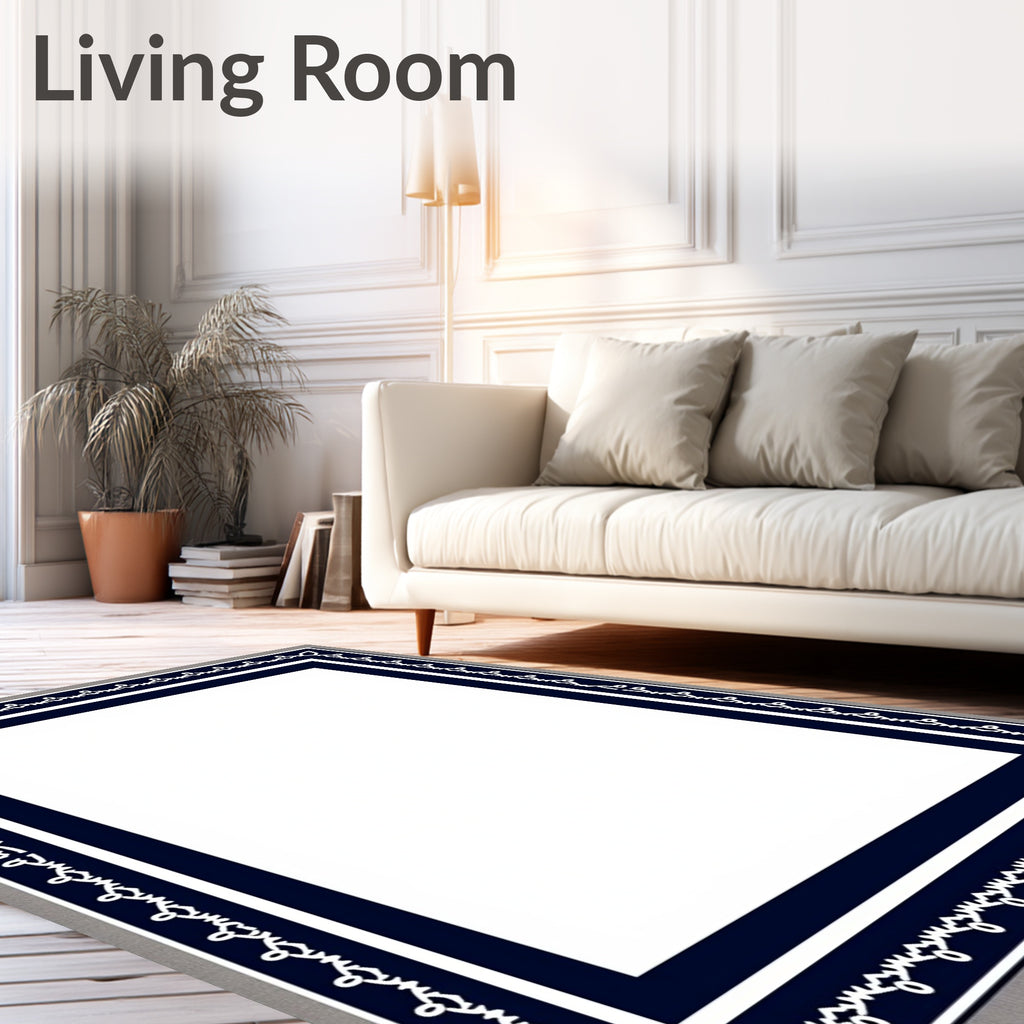 Navy and White Ornate Border Rug