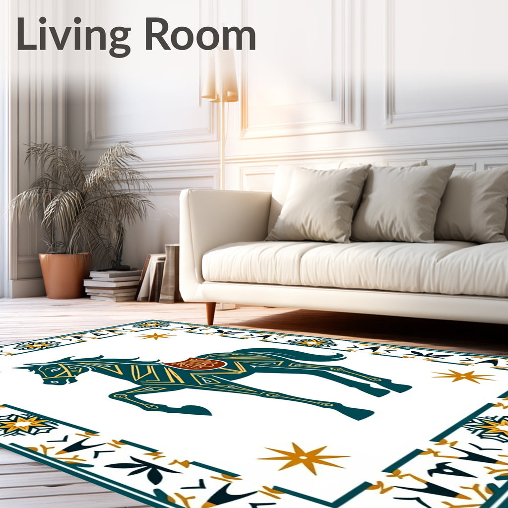 Dark Blue Horse Geometric Border Design Rug
