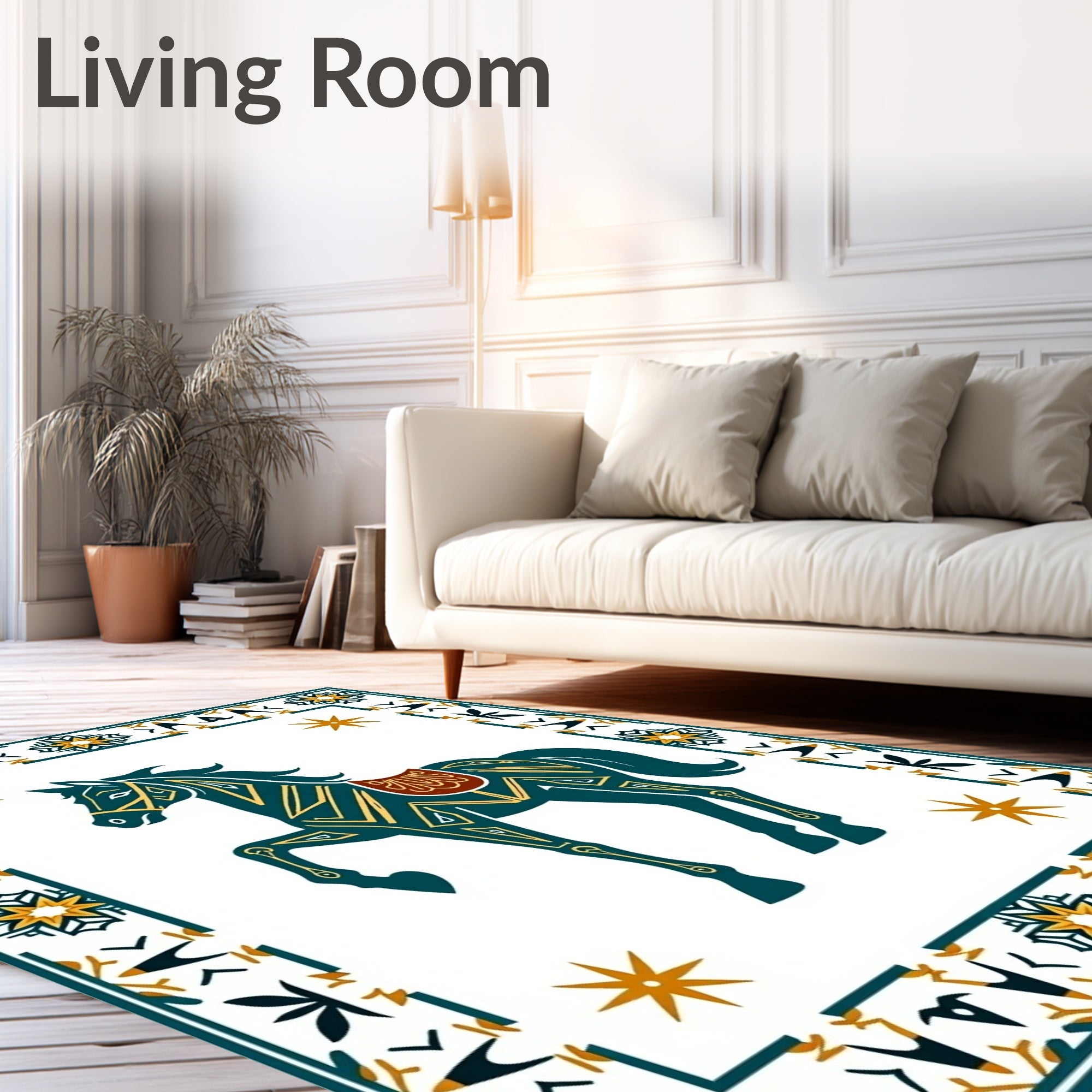 Dark Blue Horse Geometric Border Design Rug