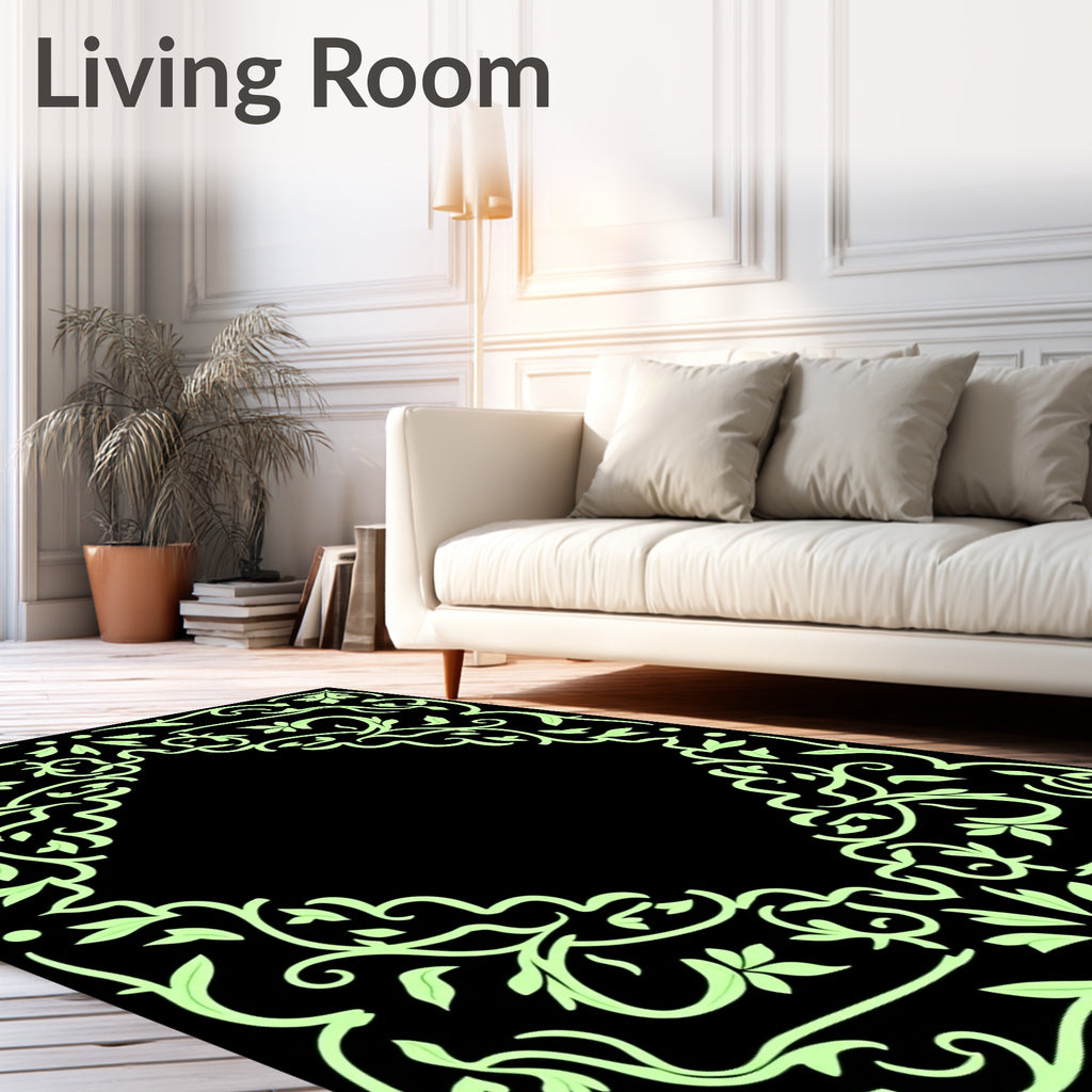 Elegant Light Green Floral Scroll Design Rug