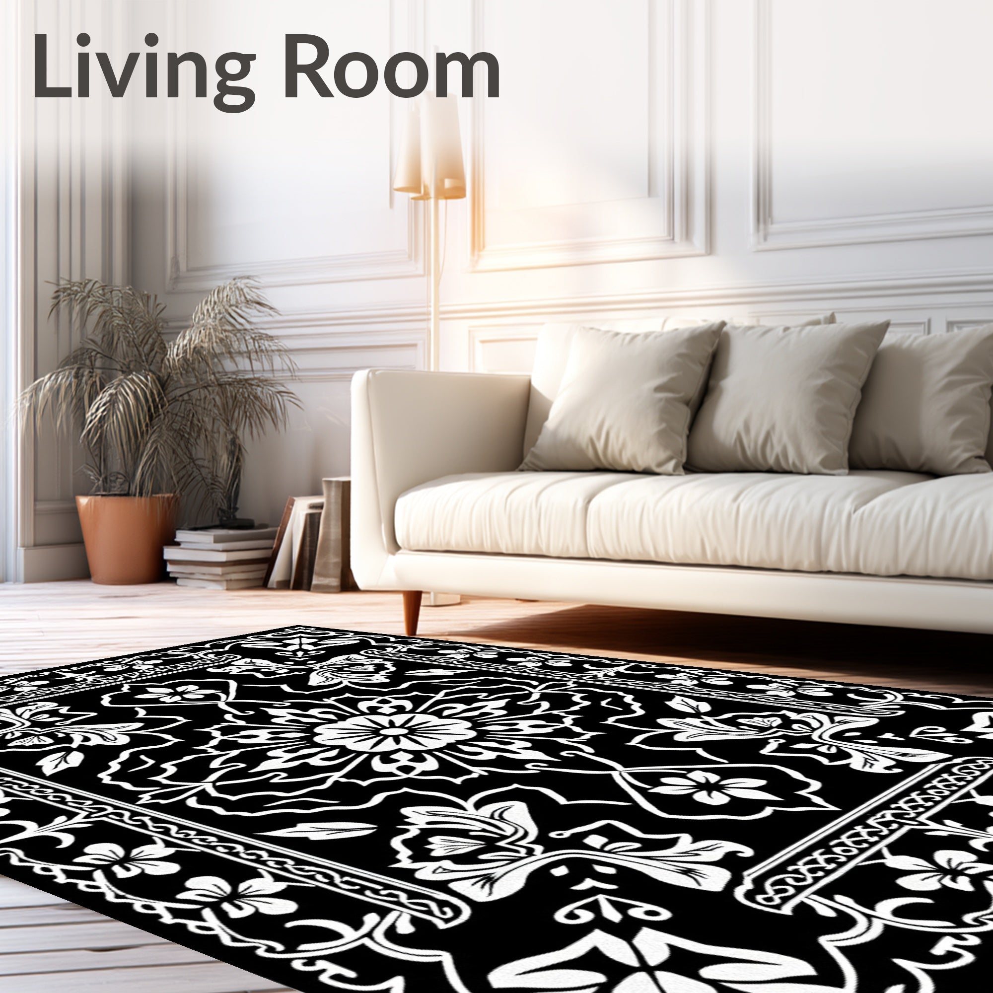 Ornate Floral Abstract Black and White Rug