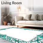 Teal Scrollwork Floral Elegant Border Rug