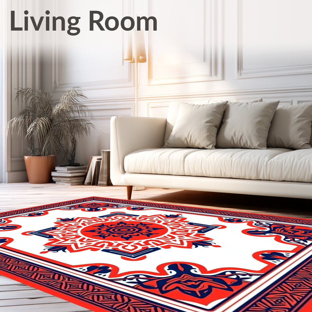 Bold Red Navy Floral Mandala Design Rug