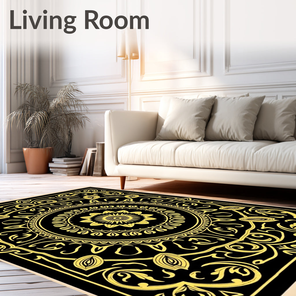 Black Gold Intricate Floral Mandala Design Rug