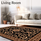 Ornate Floral Scrollwork Brown Black Rug