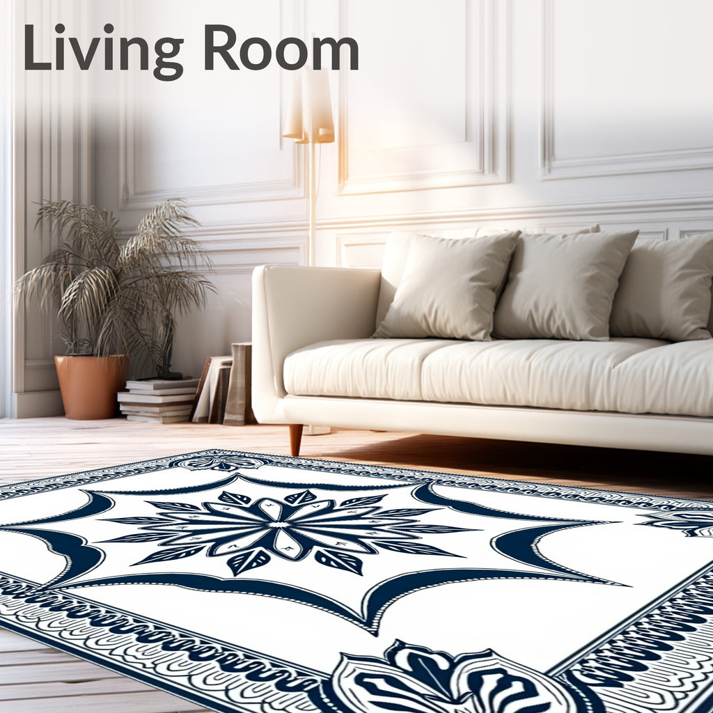 Classic Navy Floral Mandala Pattern Rug