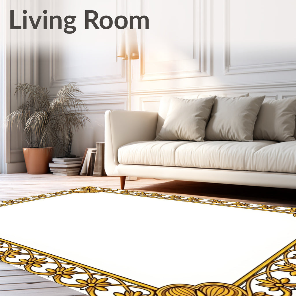 Ornate Gold Floral Border Design Rug