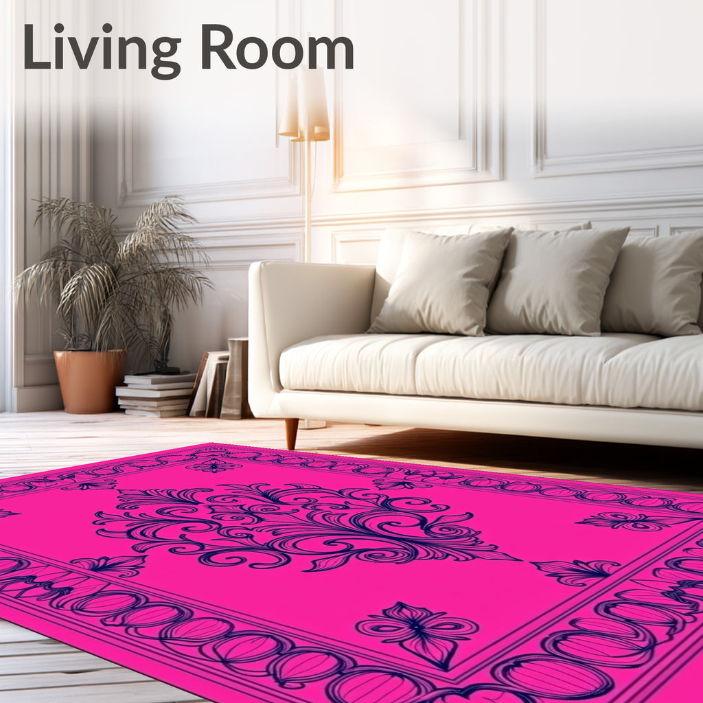 Vibrant Pink Floral Scrollwork Design Rug