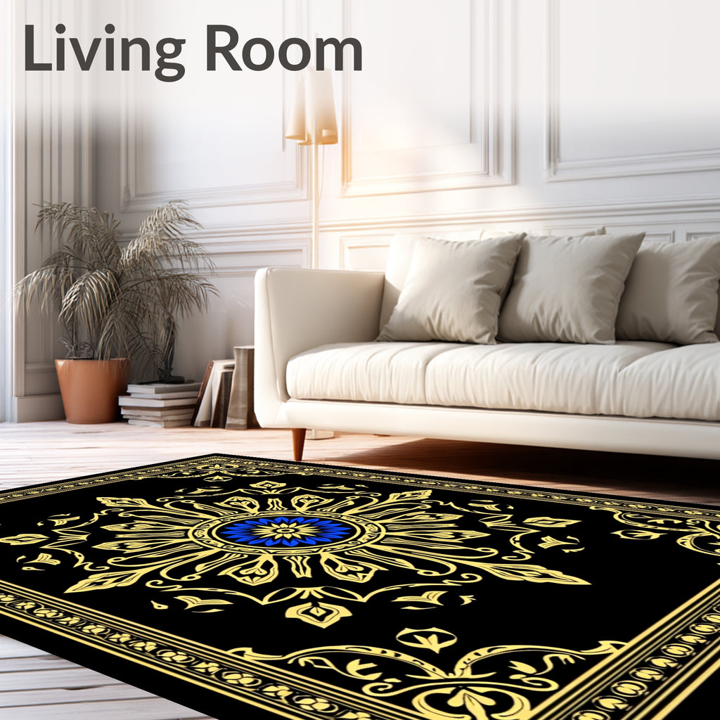 Ornate Floral Mandala Black Gold Rug