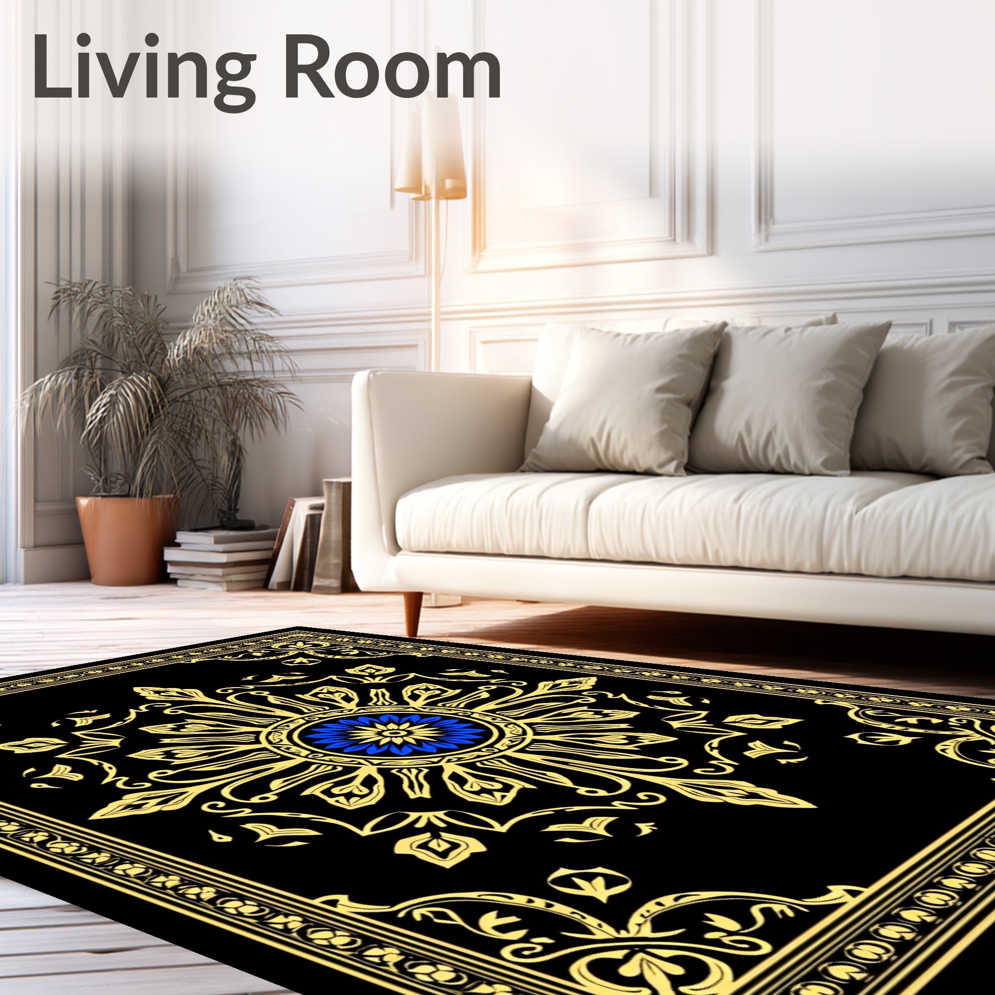 Ornate Floral Mandala Black Gold Rug