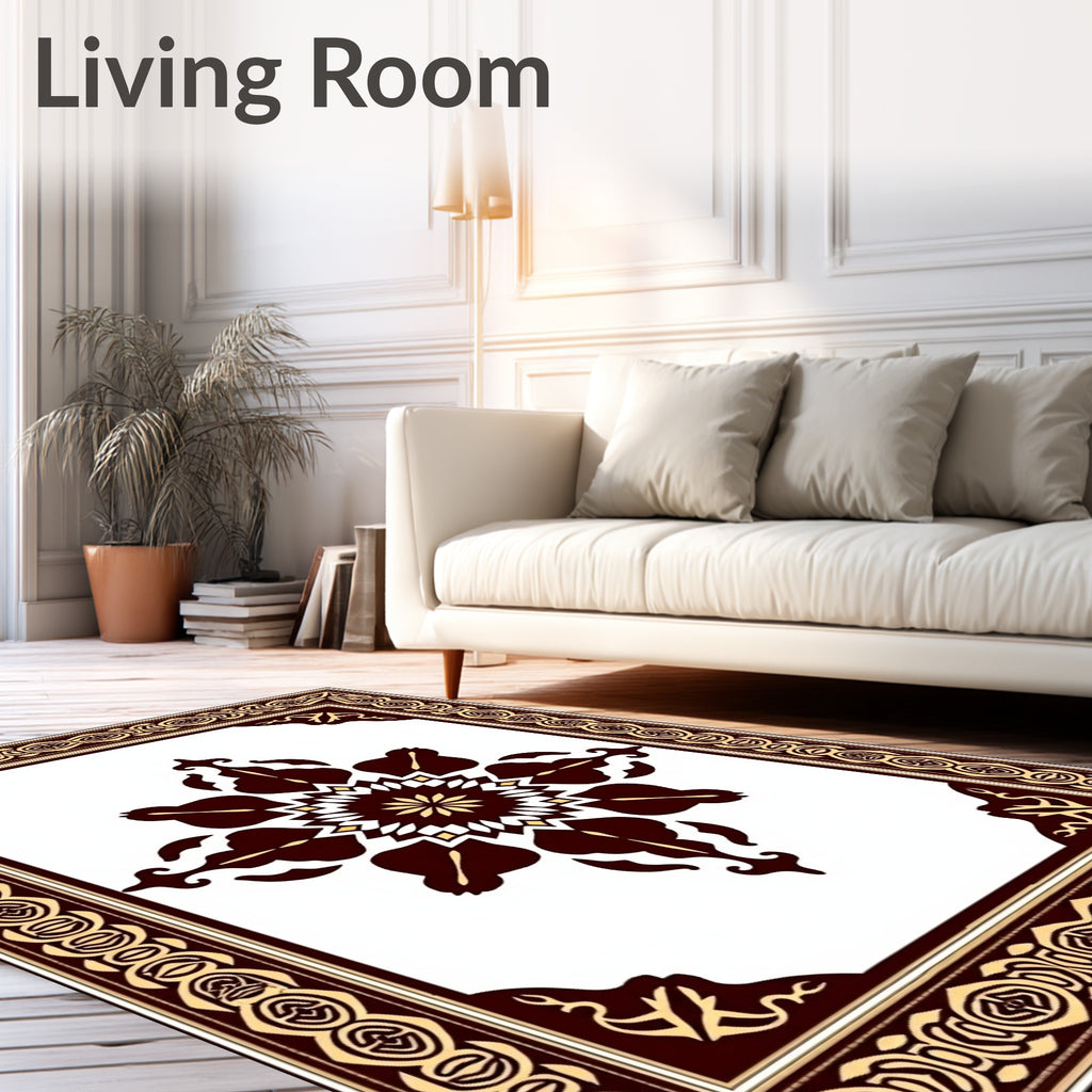Rich Maroon Gold Floral Frame Rug