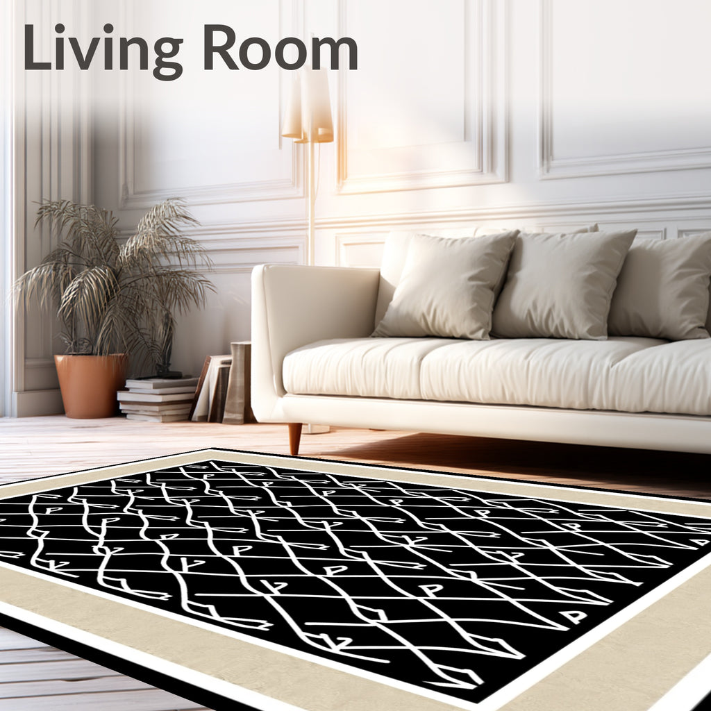 Black White Interwoven Grid Pattern Rug