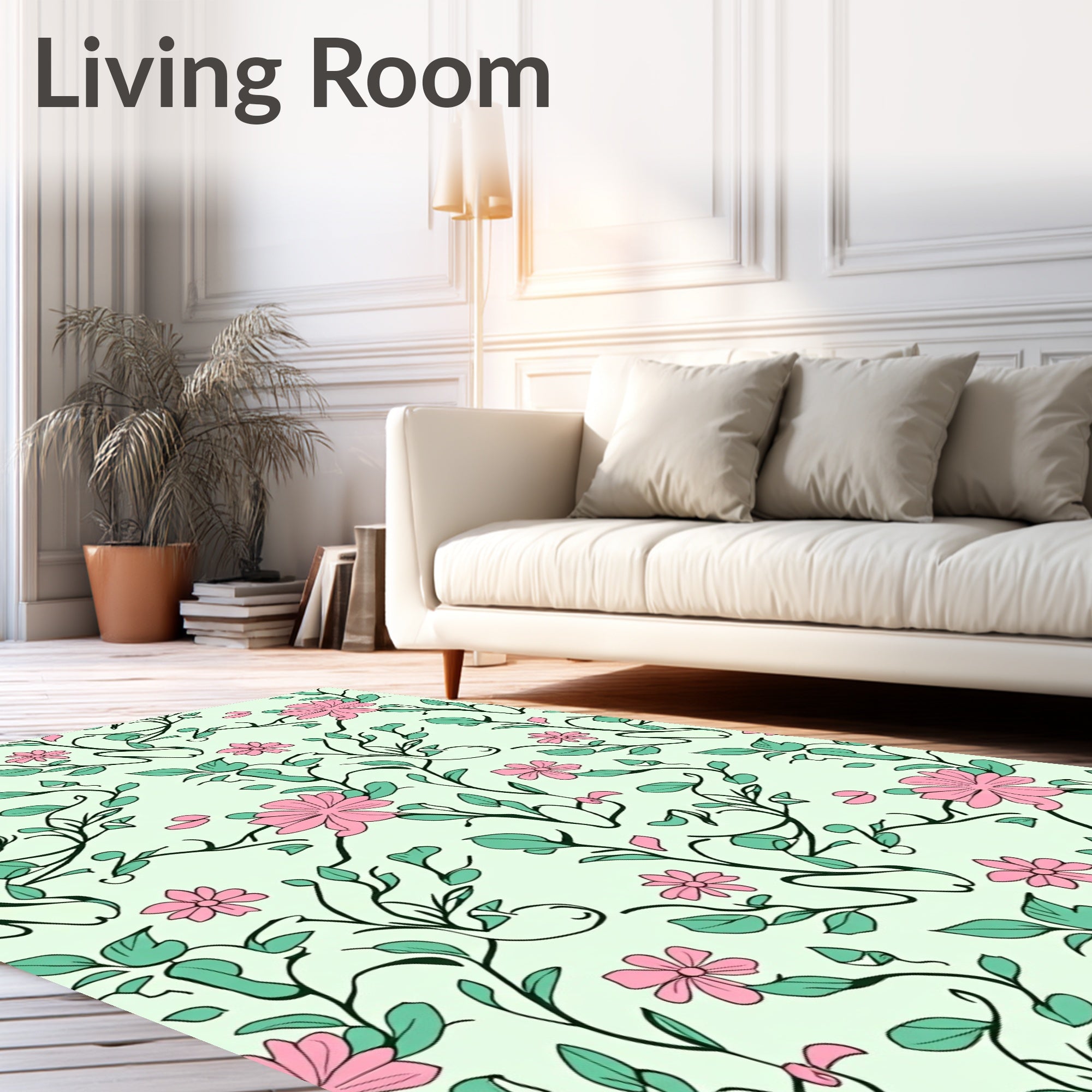 Pink Flower Vine Botanical Pattern Rug