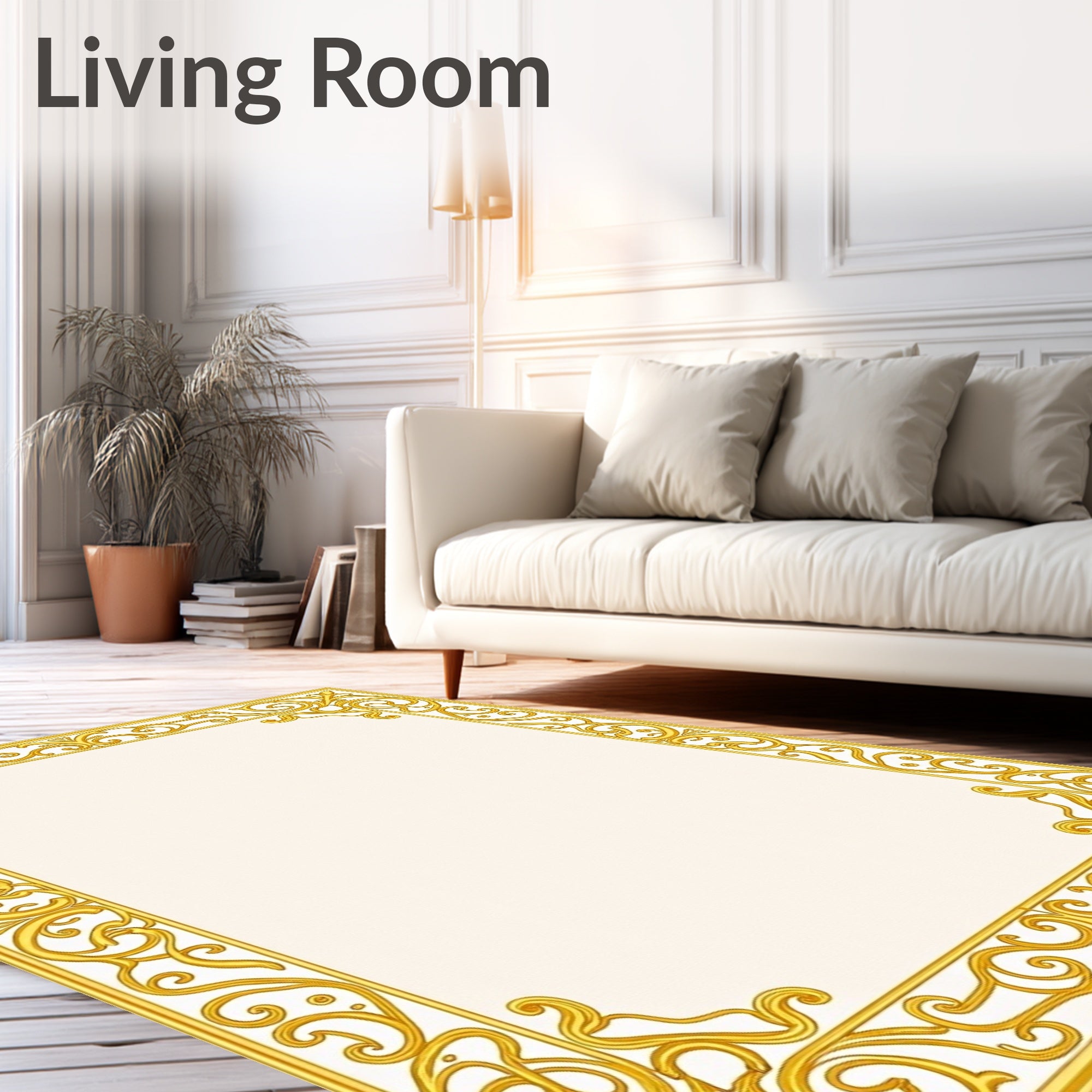 Ornate Gold Flourish Border Design Rug