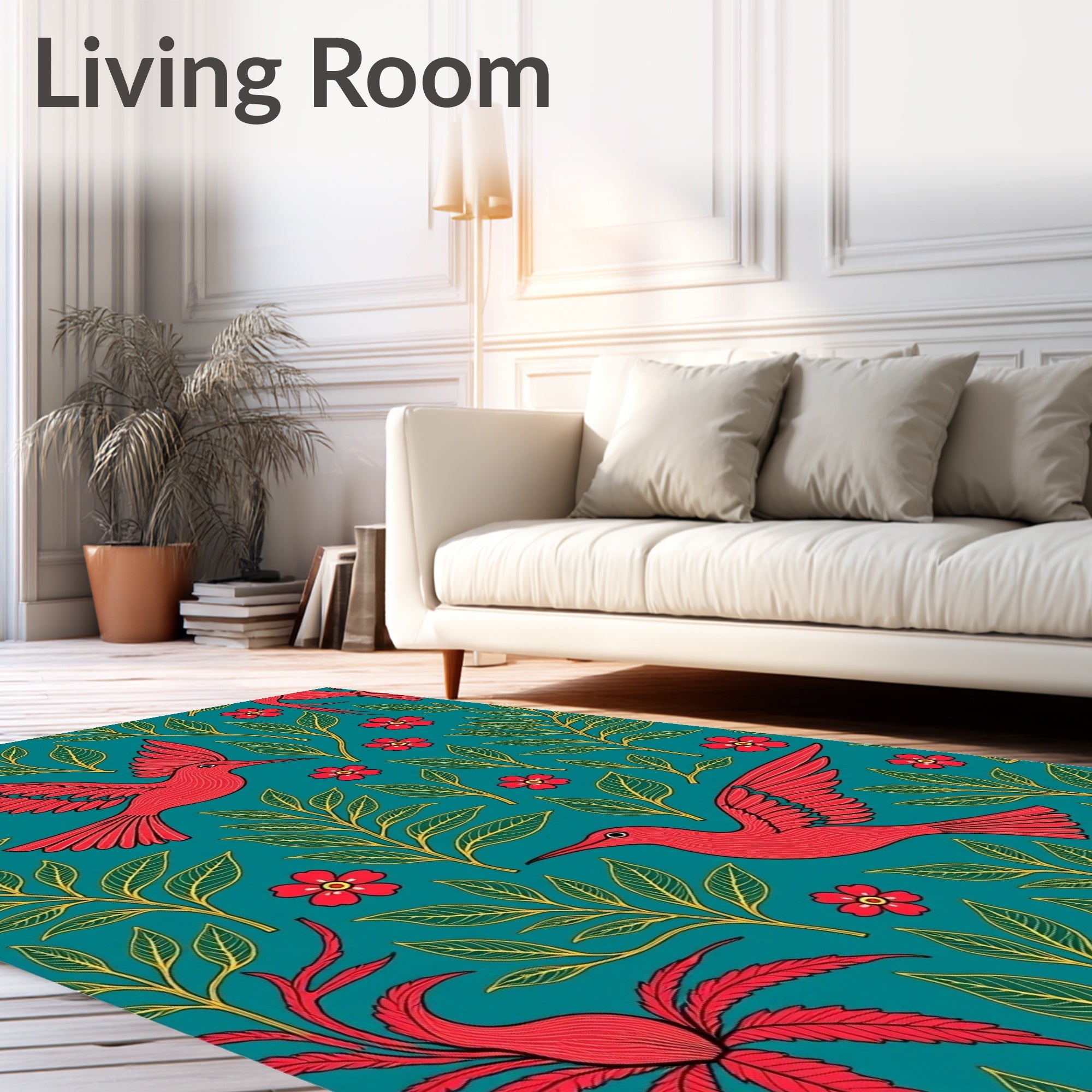 Red Humminbirds Floral Teal Pattern Rug