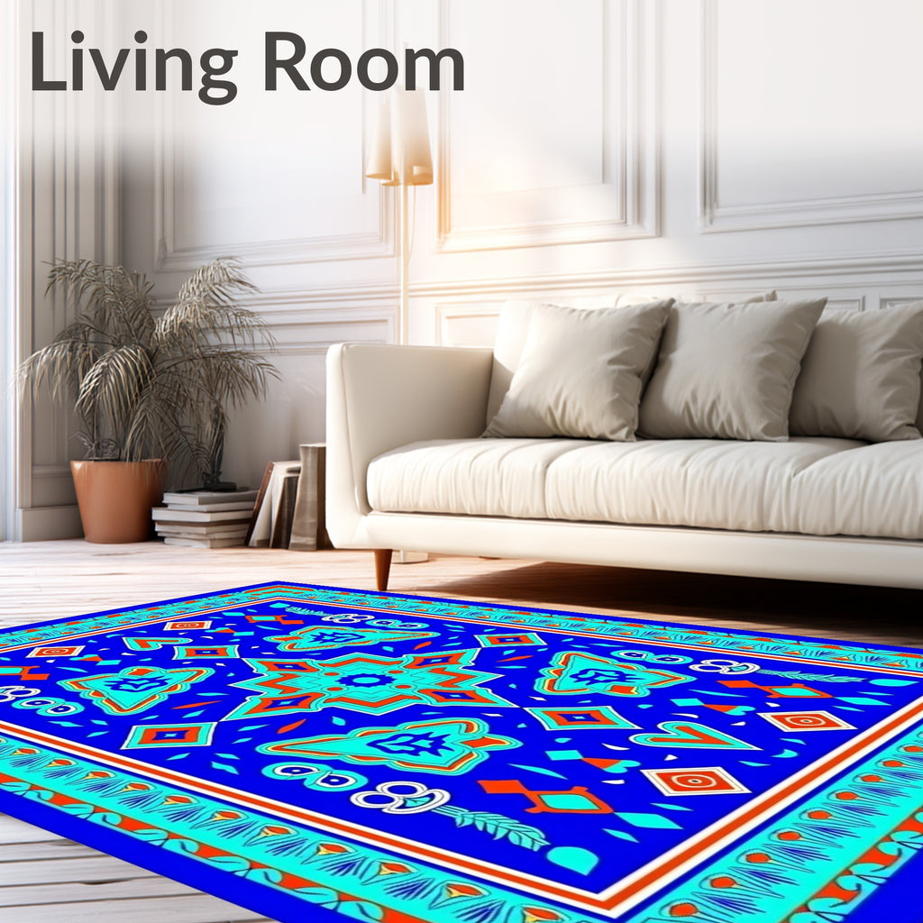 Vibrant Blue Geometric Floral Pattern Rug