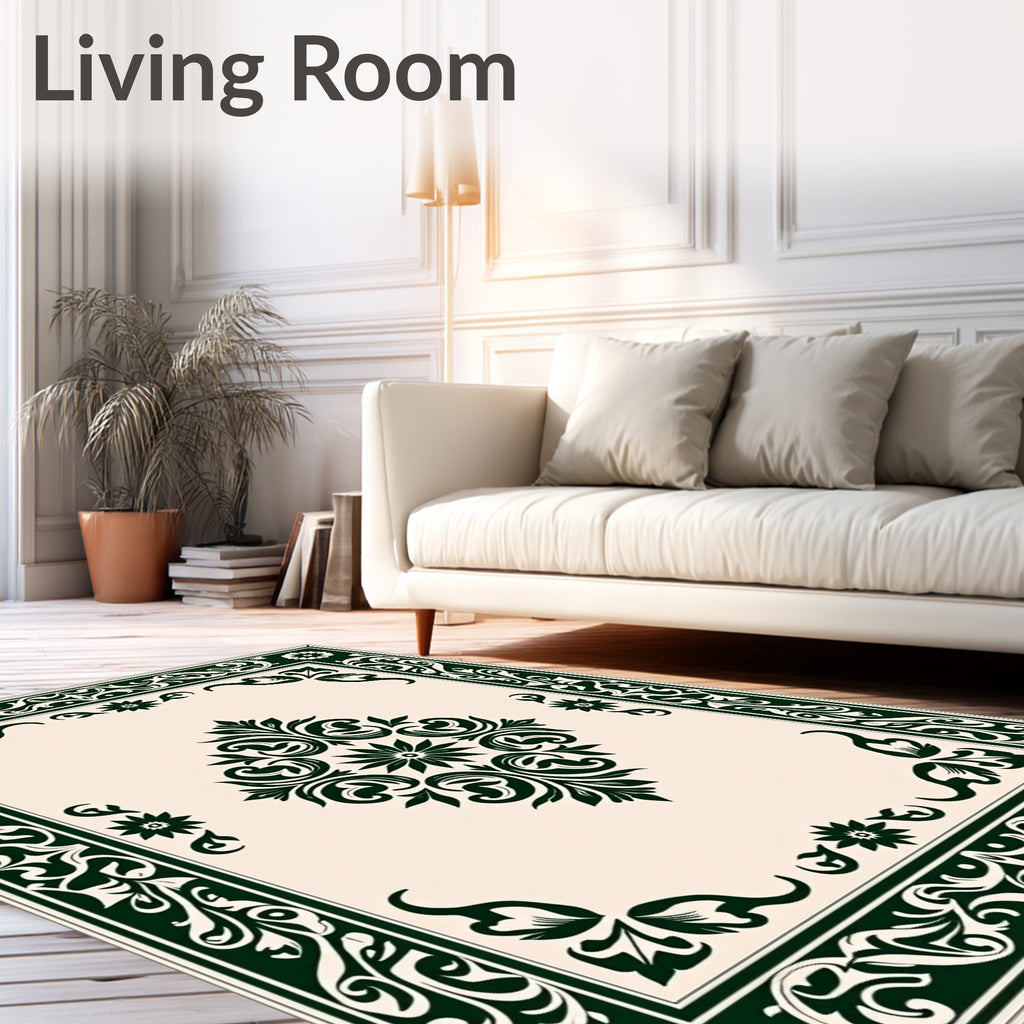 Elegant Dark Green Floral Medallion Design Rug
