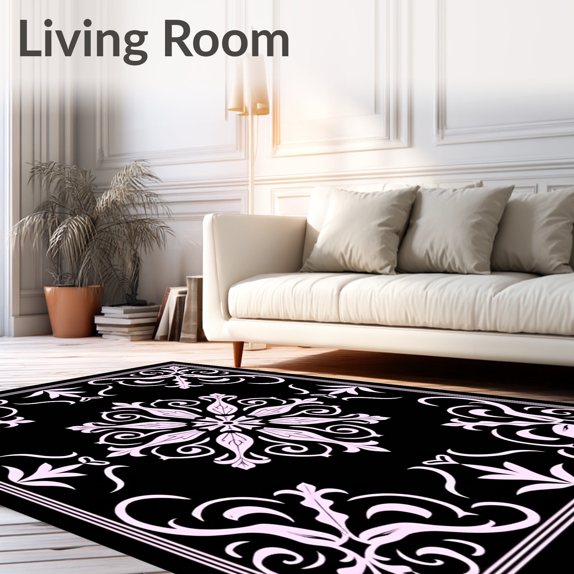 Elegant Filigree Black Pink Floral Rug