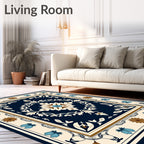 Ornate Floral Medallion Ivory Blue Rug