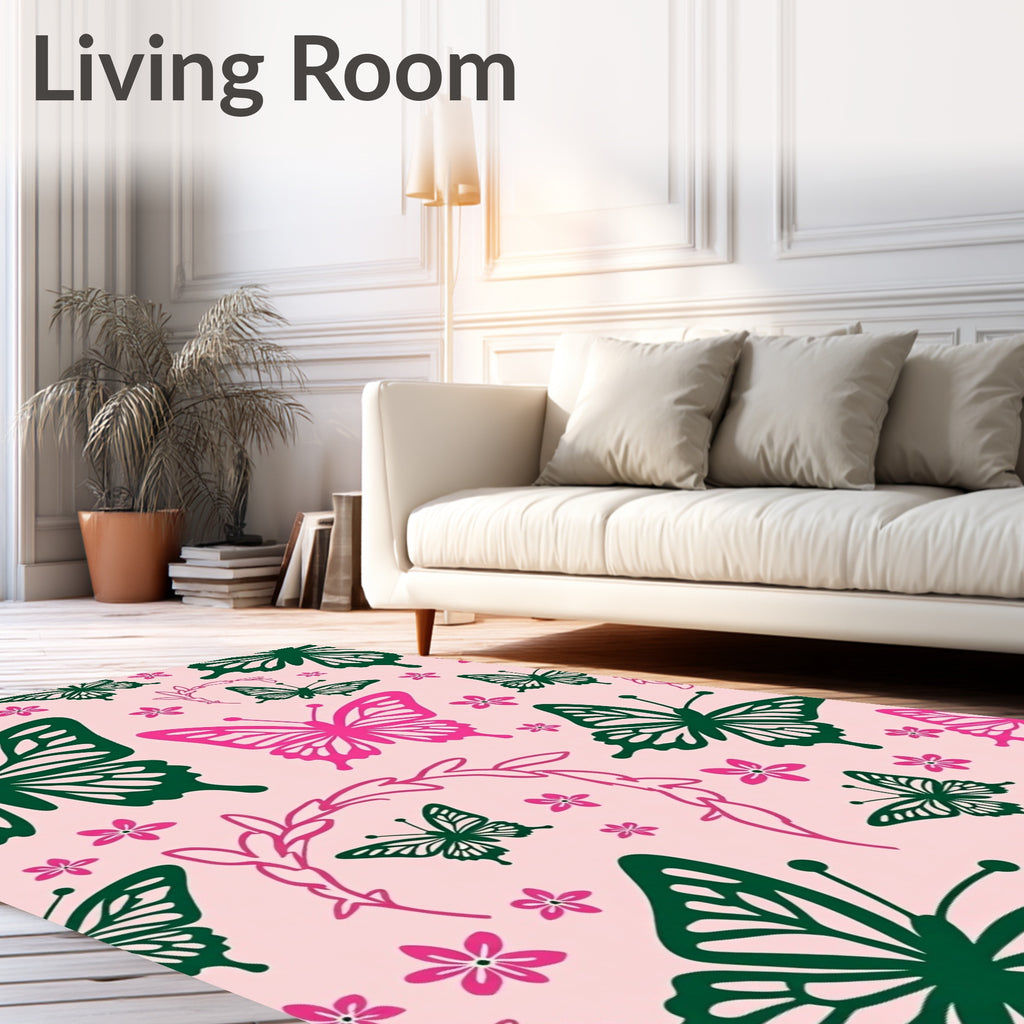 Pink Green Butterfly Floral Pattern Rug