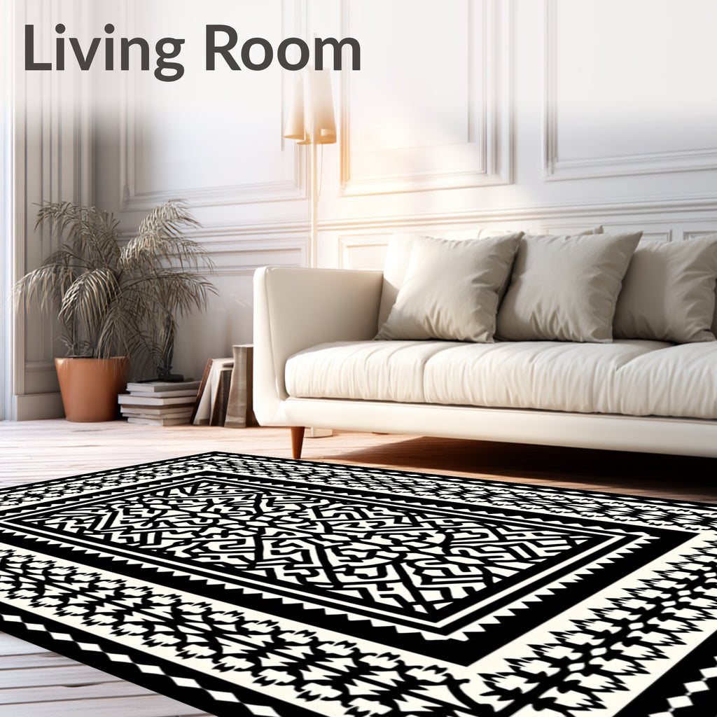 Bold Ornate Pattern Black Ivory Rug
