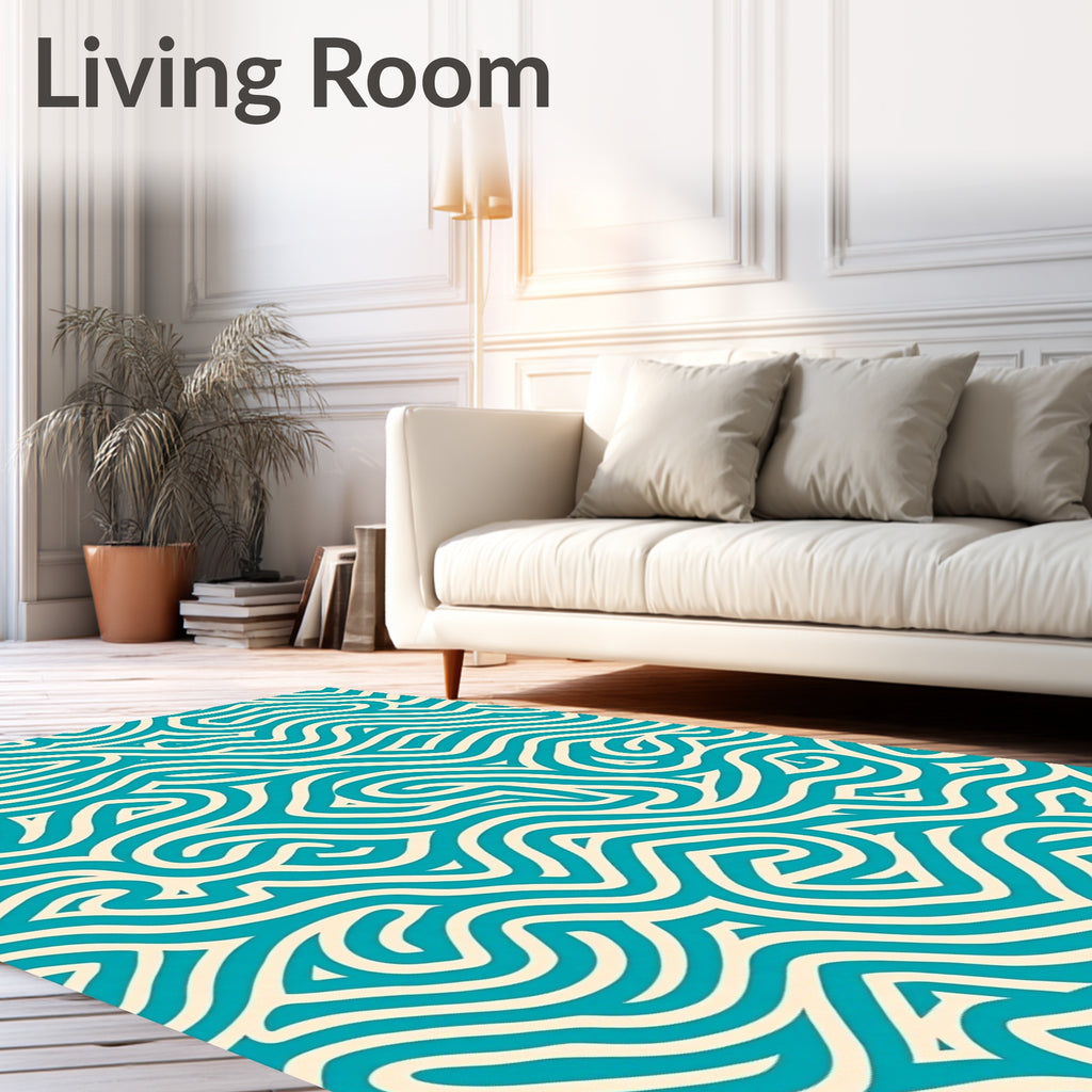 Abstract Teal Wavy Line Pattern Rug