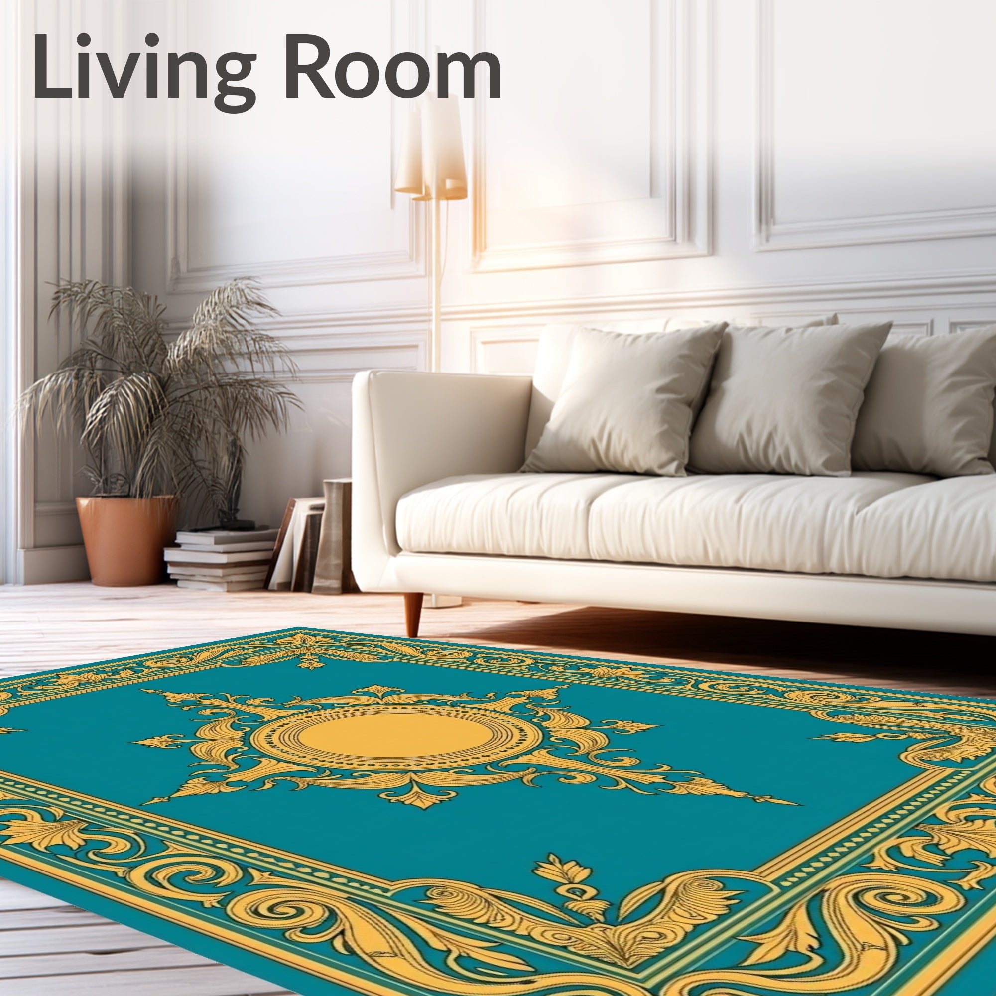 Ornate Teal Gold Baroque Design Rug