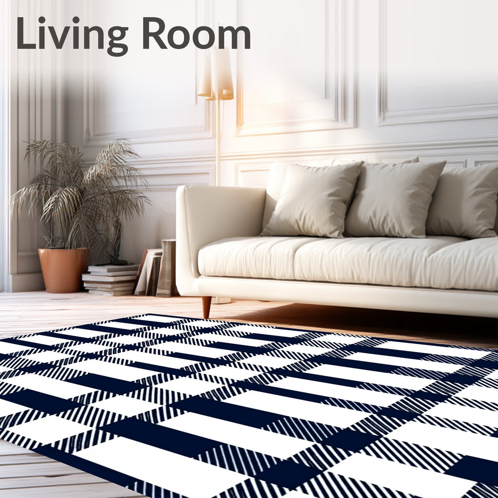 Classic Navy White Gingham Plaid Design Rug