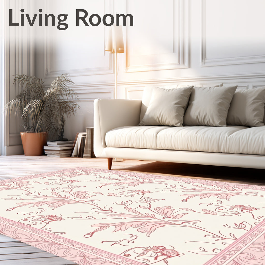 Delicate Pink Botanical Sketch Pattern Rug