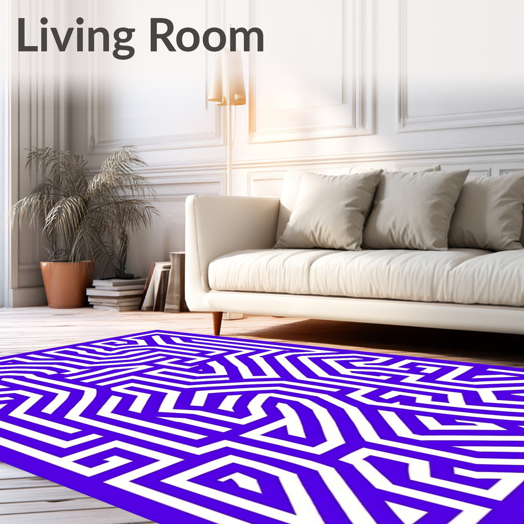Blue White Maze Like Geometric Pattern Rug