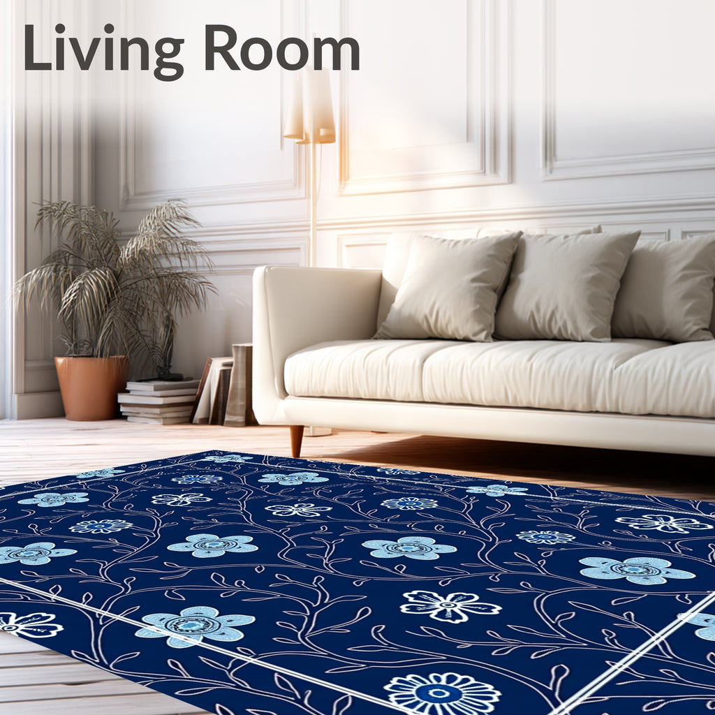 Dark Blue Floral Vine Design Rug