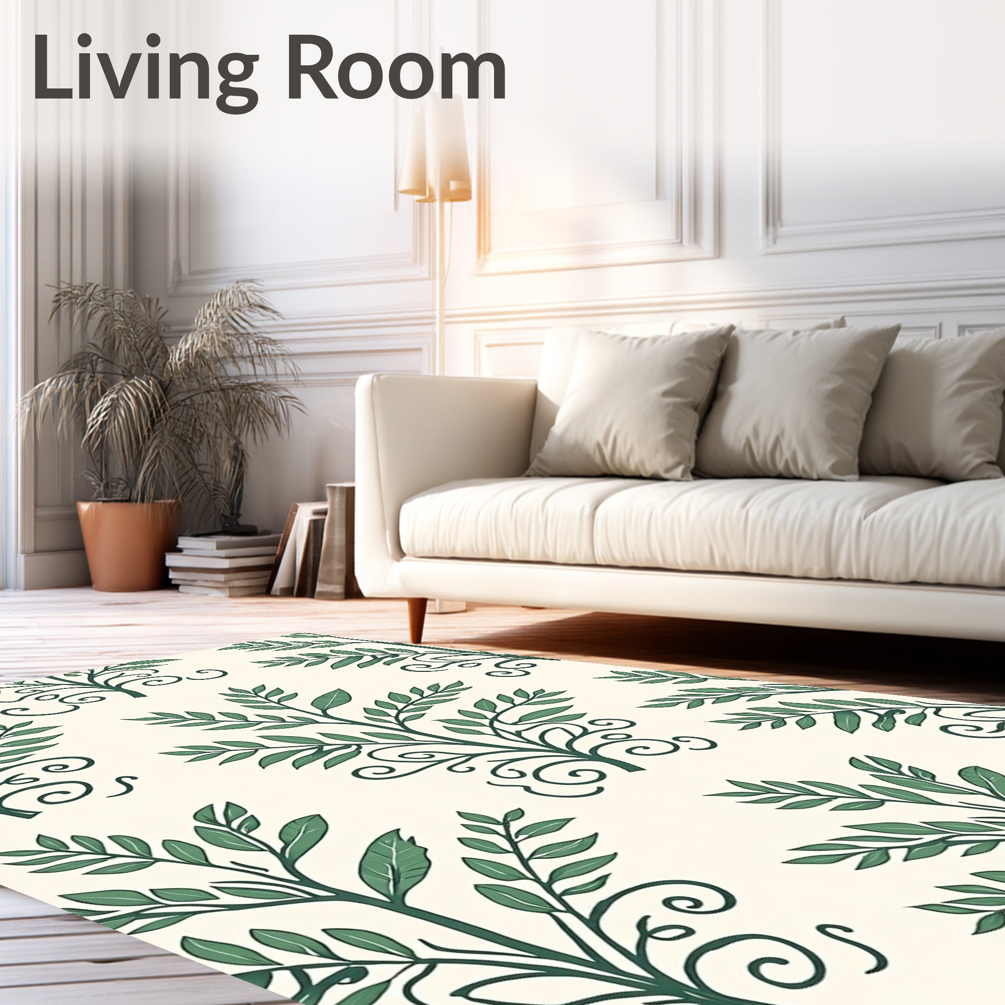 Chic Botanical Scrollwork Green Leaf Pattern Rug