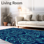 Navy Blue Teal Elegant Floral Design Rug