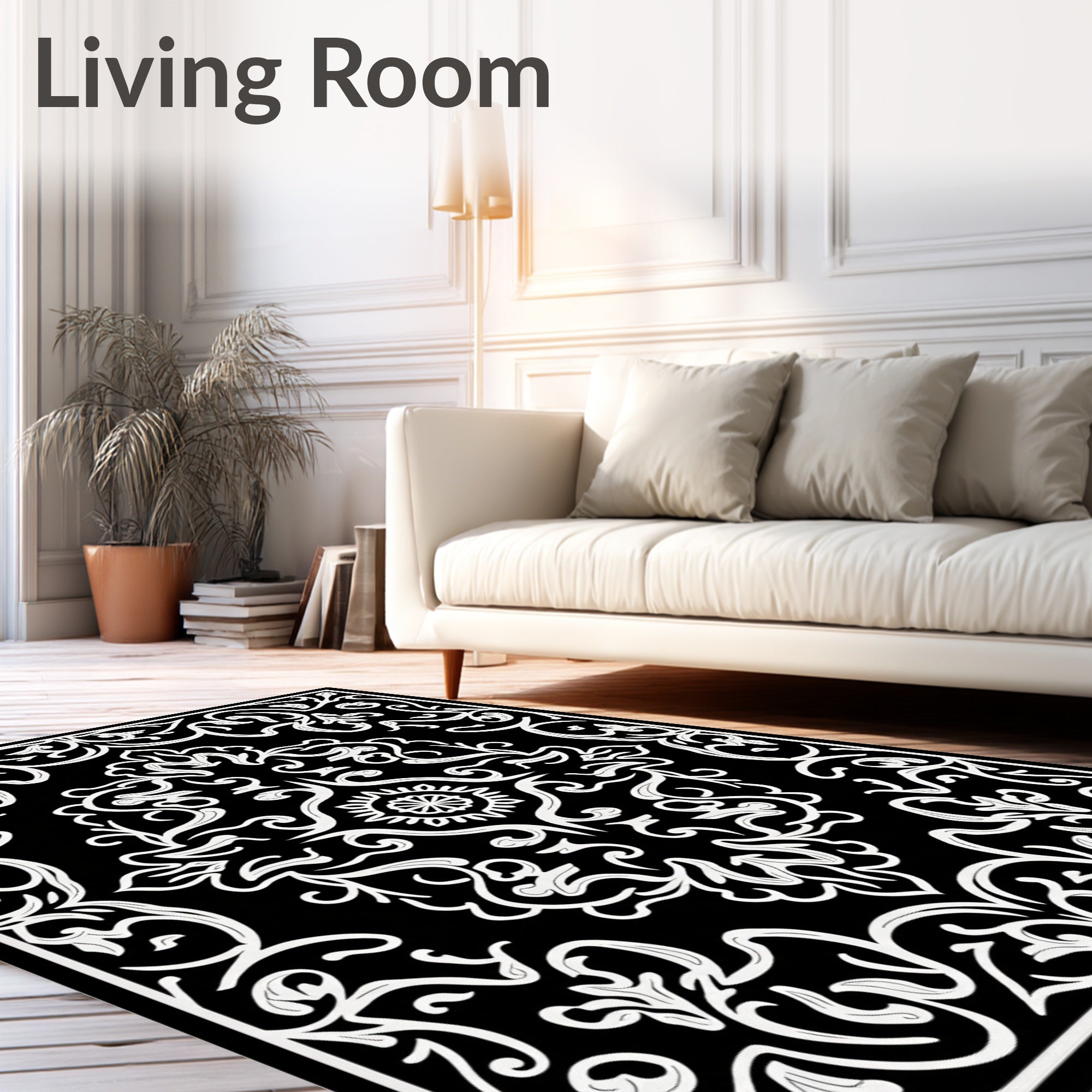 Elegant Black White Damask Pattern Rug