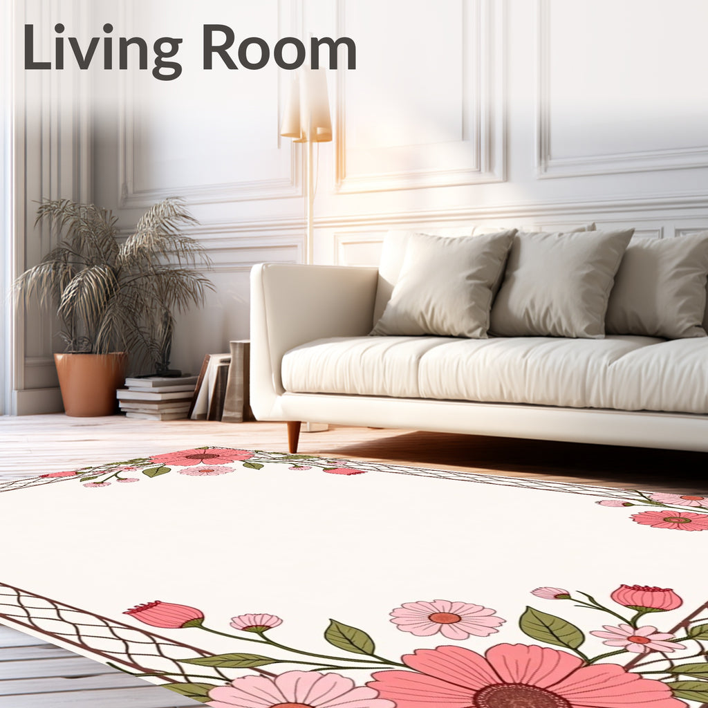 Floral Frame Pink Botanical Design Rug