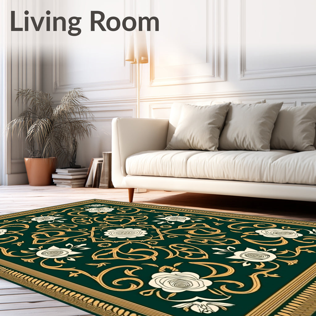 Ornate Green Rose Scroll Work Rug