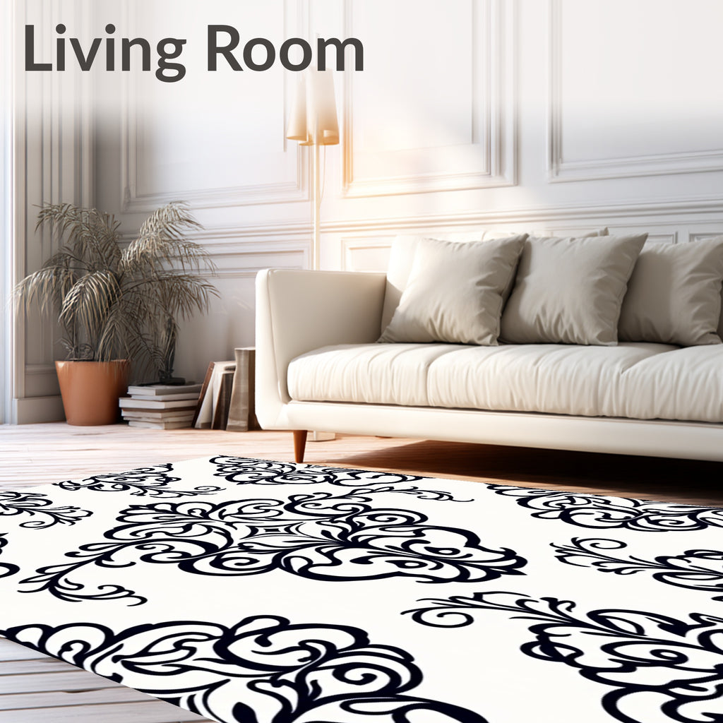 Elegant Floral Scroll Black White Design Rug